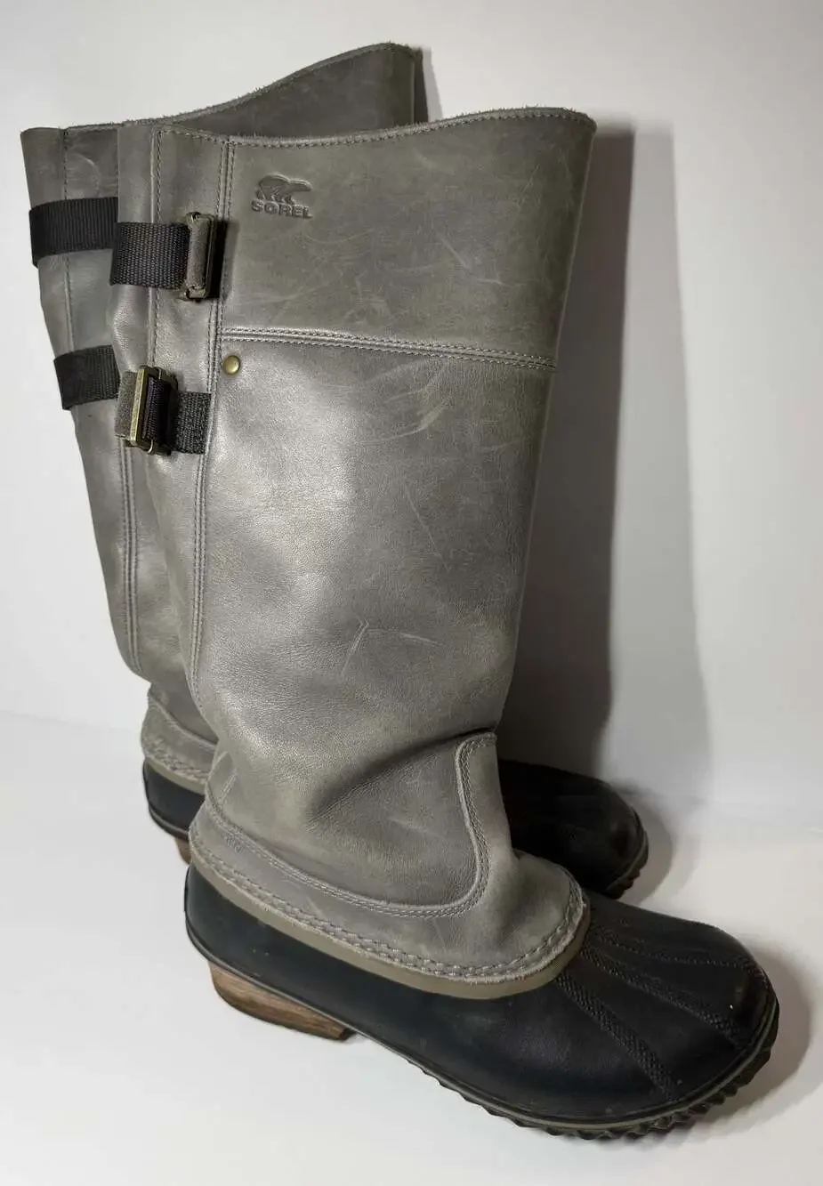 Sorel Slimpack Tall II Riding Waterproof Leather Winter Duck Boots Gray Black